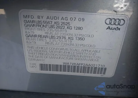 2010 Audi Q5 3.2 Premium z USA, uszkodzony, nr VIN WA1VKAFP2AA021710